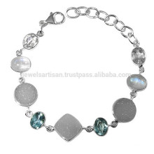 925 Sterling Silver & Rainbow Moonstone Blue Topaz Crystal Druzy Gemstone Bracelet